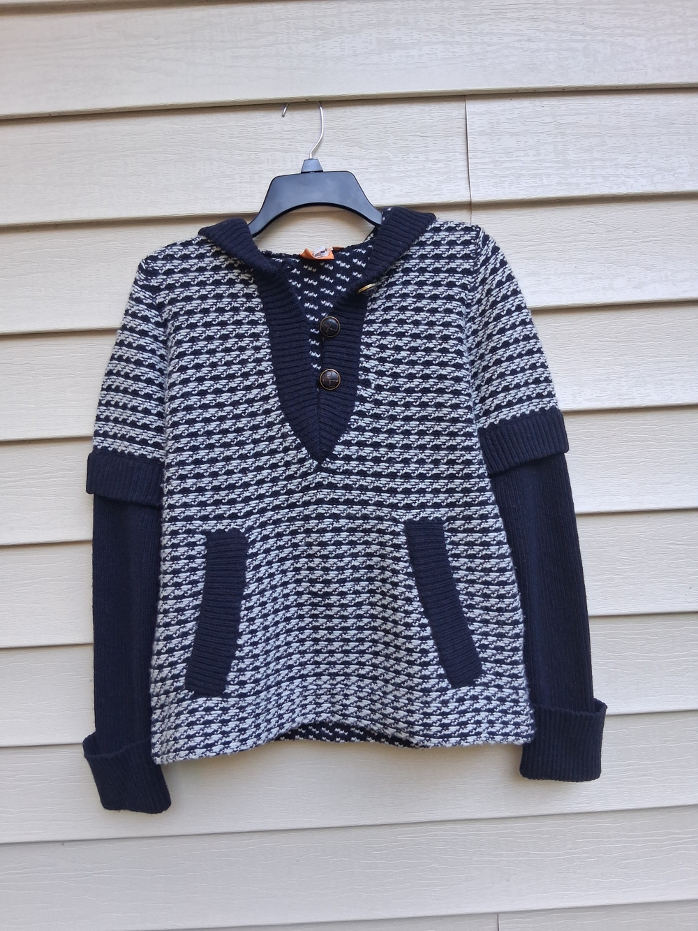 Tory Burch Black & White Textured V‑Neck Pullover with Button Placket